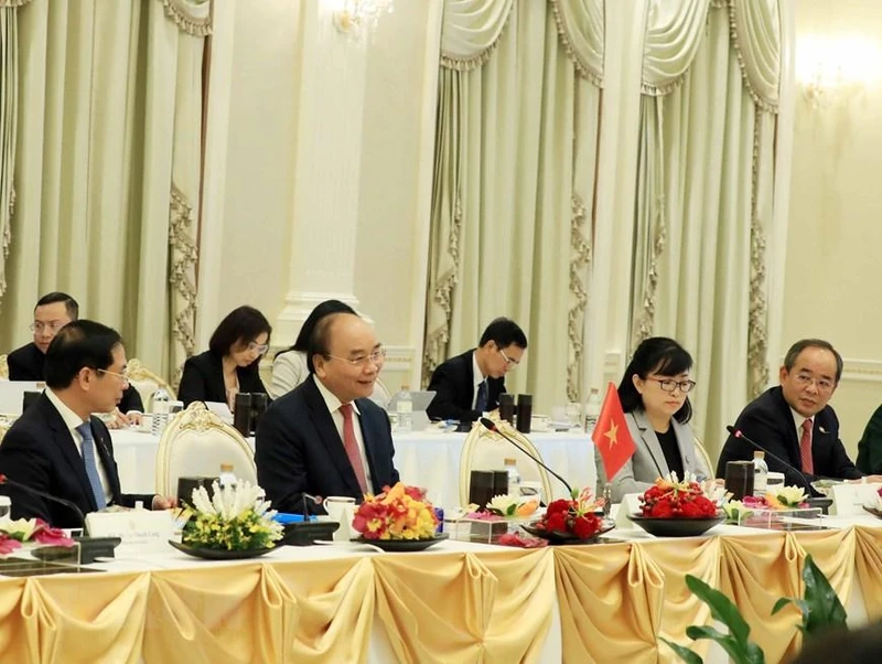 Chủ tịch nước Nguyễn Xuân Phúc phát biểu tại cuộc hội đàm với Thủ tướng Vương quốc Thái Lan Prayut Chan-o-cha. (Ảnh: Thống Nhất/TTXVN)