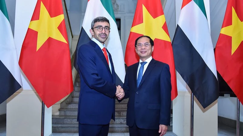 Bộ trưởng Ngoại giao Bùi Thanh Sơn đón Bộ trưởng Ngoại giao Các Tiểu vương quốc Arab thống nhất Sheikh Abdullah bin Zayed Al Nahyan.