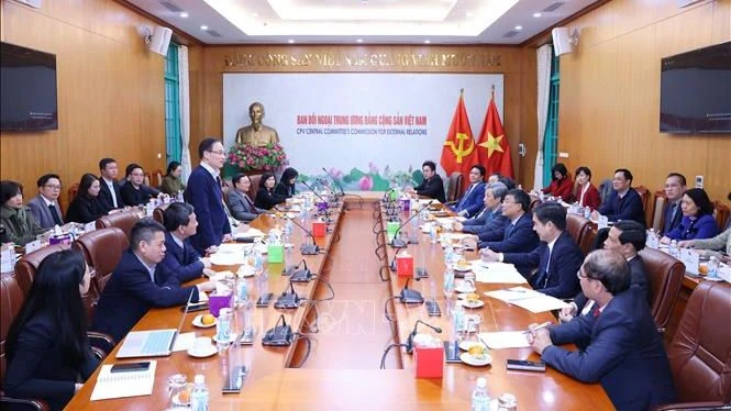 Đồng chí Lê Hoài Trung, Bí thư Trung ương Đảng, Trưởng Ban Đối ngoại Trung ương phát biểu chỉ đạo buổi làm việc. (Ảnh: Phương Hoa/TTXVN)