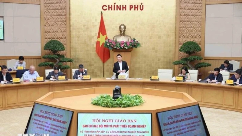 Phó Thủ tướng Hồ Đức Phớc, Trưởng ban Chỉ đạo Đổi mới và Phát triển doanh nghiệp phát biểu. (Ảnh: An Đăng/TTXVN)