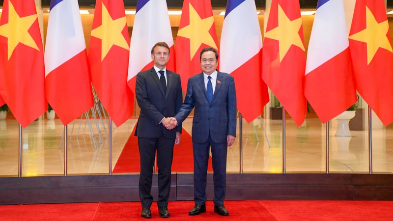 Chủ tịch Quốc hội Trần Thanh Mẫn và Tổng thống Pháp Emmanuel Macron. (Ảnh: Đăng Anh)
