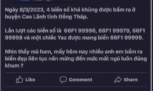 Thông tin lan truyền trên mạng xã hội về 4 biển số xe đẹp được cấp trong ngày 8/3/2023. 