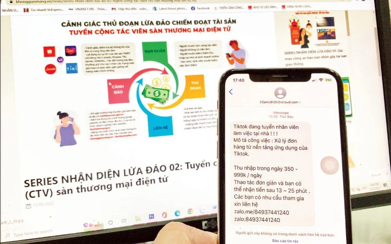 Một hình thức lừa đảo trực tuyến thông qua tin nhắn tuyển dụng. (Ảnh MINH HÀ)