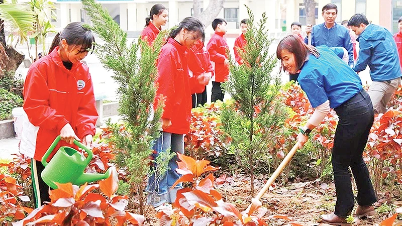 Giáo viên và học sinh Trường tiểu học Mê Linh (huyện Mê Linh, thành phố Hà Nội) trồng cây trong sân trường. (Ảnh VÂN ANH)