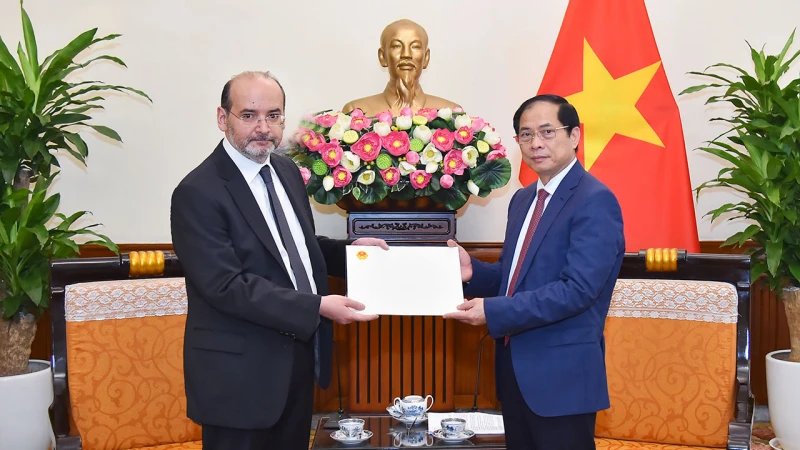 Bộ trưởng Ngoại giao Bùi Thanh Sơn trao Thư thăm hỏi của Thủ tướng Chính phủ Phạm Minh Chính gửi Tổng thống Thổ Nhĩ Kỳ Recep Tayyip Erdogan. (Ảnh: Báo Thế giới và Việt Nam) 