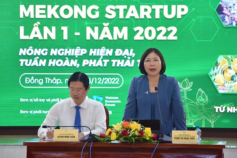 Bà Phạm Thị Ngọc Thủy, Giám đốc Văn phòng Ban IV thuộc Hội đồng Tư vấn cải cách thủ tục hành chính của Thủ tướng Chính phủ trả lời báo chí tại buổi họp báo. (Ảnh: HỮU NGHĨA)