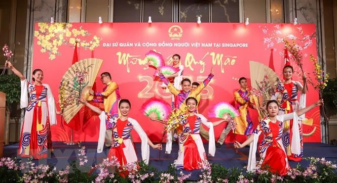 Các tiết mục văn nghệ cây nhà lá vườn do bà con kiều bào dàn dựng và biểu diễn. (Ảnh: TTXVN)
