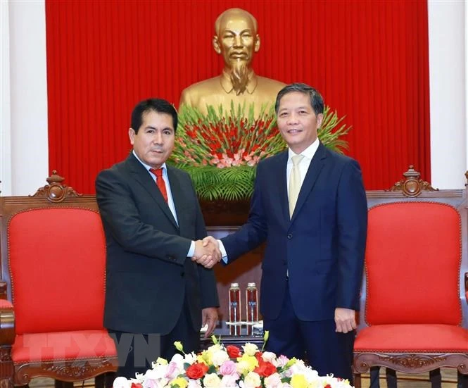 Trưởng Ban Kinh tế Trung ương Trần Tuấn Anh tiếp Tổng Bí thư Đảng Cộng sản Peru Luis Alberto Villanueva Carbajal. (Ảnh: Phương Hoa/TTXVN)
