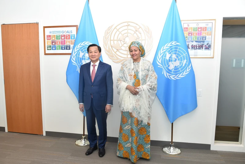Phó Thủ tướng Chính phủ Lê Minh Khái gặp Phó Tổng Thư ký Liên Hợp Quốc Amina Mohammed. Ảnh VGP
