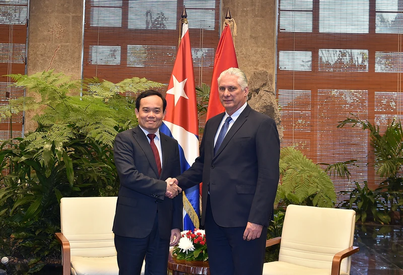Phó Thủ tướng Trần Lưu Quang hội kiến đồng chí Miguel Diaz-Canel, Bí thư thứ nhất Ban Chấp hành Trung ương Đảng cộng sản Cuba, Chủ tịch nước Cuba - Ảnh: VGP
