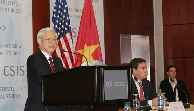 Tổng Bí thư Nguyễn Phú Trọng trao đổi về "Quan hệ Việt Nam – Hoa Kỳ trong giai đoạn phát triển mới". (Ảnh: TRÍ DŨNG)