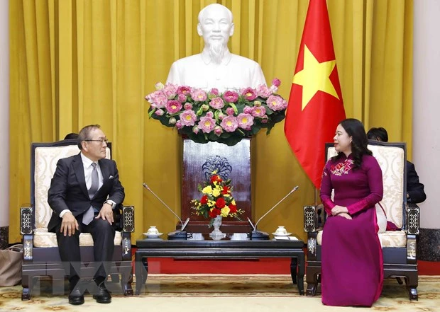 Phó Chủ tịch nước Võ Thị Ánh Xuân tiếp Chủ tịch Hãng Thông tấn Kyodo News (Nhật Bản) Toru Mizutani. (Ảnh: An Đăng/TTXVN)