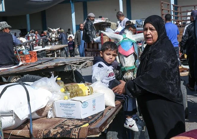 Người dân Palestine nhận lương thực cứu trợ tại một trung tâm phân phối của Cơ quan cứu trợ và hành động của Liên hợp quốc (UNRWA) tại trại tị nạn ở Rafah, Dải Gaza. (Ảnh: AFP/TTXVN)