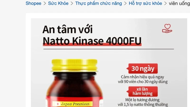 Sản phẩm Natto Kinase 4000fu được kinh doanh trên Shopee. (Ảnh: Cục An toàn thực phẩm)