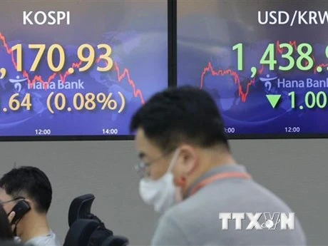 Màn hình hiển thị chỉ số chứng khoán KOSPI (trái) tại ngân hàng Hana ở Seoul, Hàn Quốc. (Ảnh: Yonhap/TTXVN)