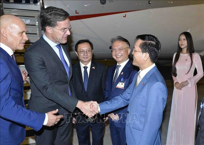 Bộ trưởng Bộ Khoa học và Công nghệ Huỳnh Thành Đạt, Thứ trưởng Bộ Ngoại giao Hà Kim Ngọc, Đại sứ Việt Nam tại Hà Lan Ngô Hướng Nam đón Thủ tướng Hà Lan Mark Rutte tại sân bay Quốc tế Nội Bài. (Ảnh: Minh Đức/TTXVN)