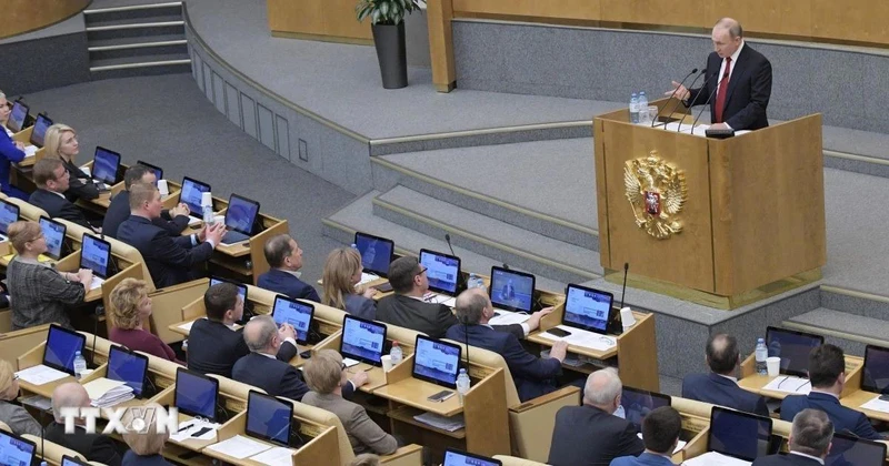 Tổng thống Nga Vladimir Putin phát biểu tại phiên họp Duma quốc gia Nga ở Moskva. (Ảnh minh họa. THX/TTXVN)