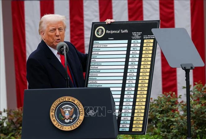 Tổng thống Mỹ Donald Trump công bố các mức thuế đối ứng mới tại Nhà Trắng, ngày 2/4/2025. (Ảnh: Reuters/TTXVN)