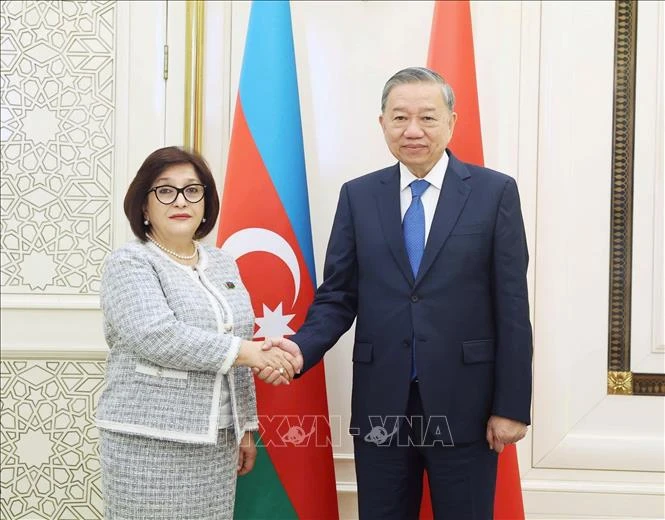 Tổng Bí thư Tô Lâm hội kiến Chủ tịch Quốc hội Azerbaijan Sahiba Gafarova. (Ảnh: Thống Nhất/ TTXVN)