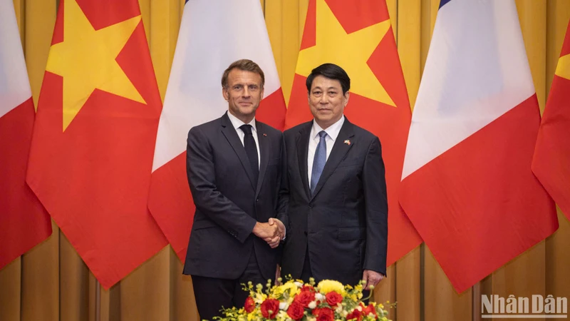 Chủ tịch nước Lương Cường và Tổng thống Pháp Emmanuel Macron tại hội đàm.