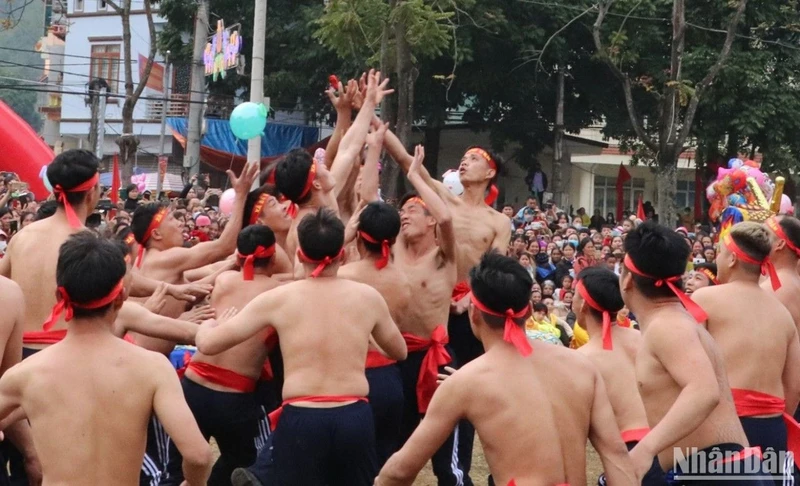 Các thanh niên tranh đầu pháo tại lễ hội.