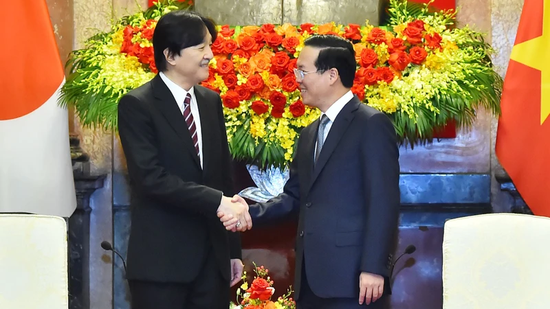 Chủ tịch nước Võ Văn Thưởng tiếp đón Hoàng Thái tử Nhật Bản Akishino. (Ảnh: THỦY NGUYÊN)