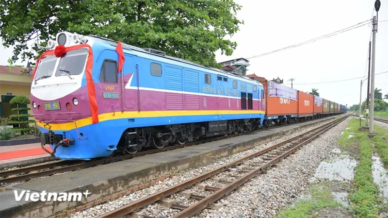 Một đoàn tàu chở hàng liên vận kết nối sang Trung Quốc. (Ảnh: Vietnam+)