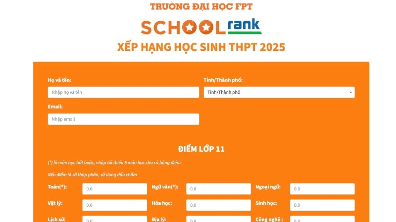 Giao diện công cụ xếp hạng học sinh THPT SchoolRank của Trường đại học FPT.