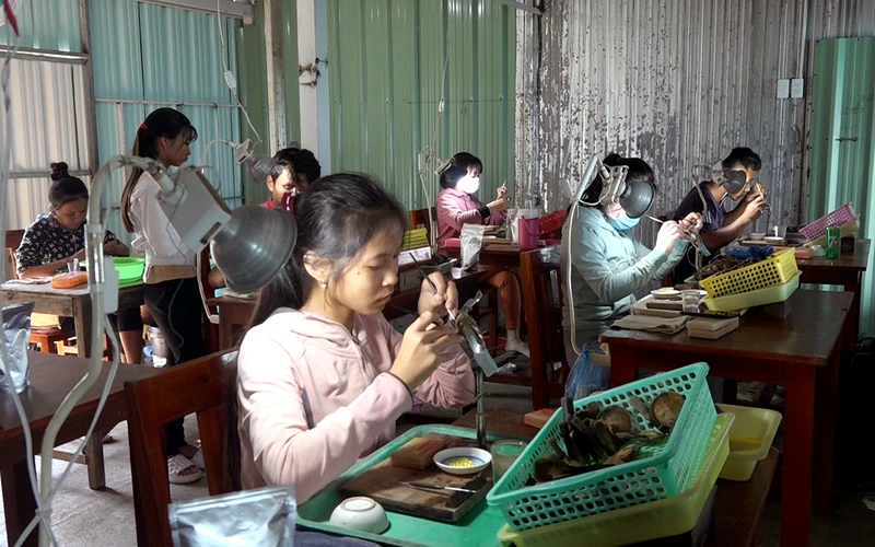 Nhân viên cấy nhân trai tại Khu nuôi cấy ngọc trai Phú Quốc.