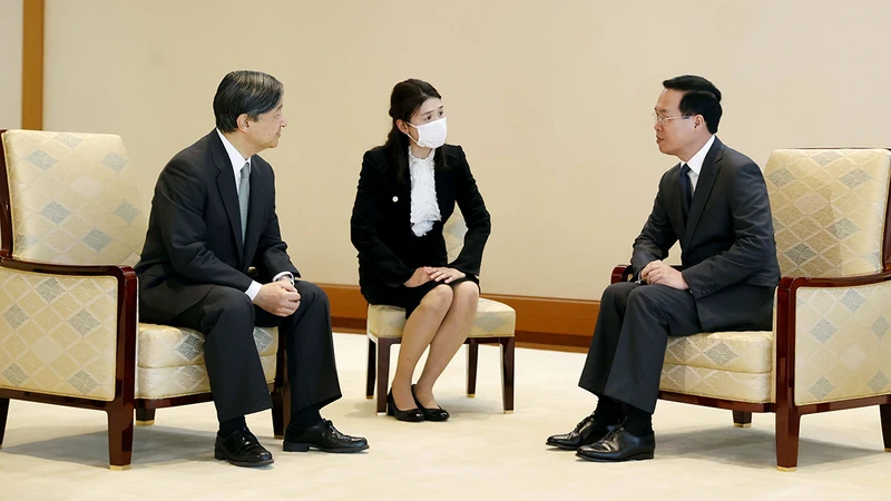 Chủ tịch nước Võ Văn Thưởng hội kiến Nhà vua Nhật Bản Naruhito. (Ảnh TTXVN)