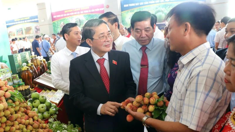Phó Chủ tịch Quốc hội Nguyễn Đức Hải tham quan gian trưng bày vải thiều tại hội nghị.