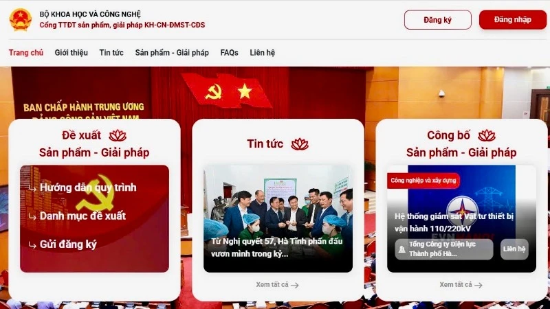 Giao diện Cổng thông tin tiếp nhận và công bố các sản phẩm, giải pháp khoa học, công nghệ, đổi mới sáng tạo và chuyển đổi số. (Ảnh: TL)