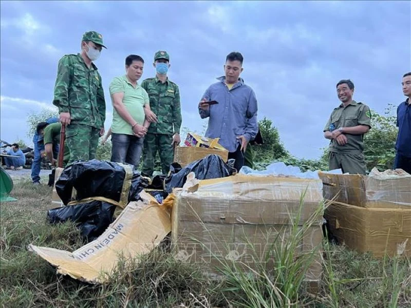 Đoàn đặc nhiệm của Phòng phòng chống ma túy và tội phạm miền Nam (Bộ Tư lệnh Bộ đội Biên phòng) phối hợp công an địa phương bắt giữ gần 600kg pháo tại khu vực biên giới thuộc xã Bình Tân, thị xã Kiến Tường, tỉnh Long An. Ảnh: TTXVN