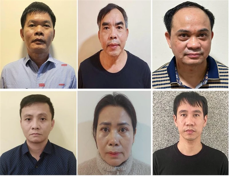  Các bị can: Nguyễn Văn Khước, Chu Quốc Hải, Hoàng Văn Nhiệm, Cao Đại Nghĩa, Đinh Thị Thu Hương, Nguyễn Ngọc Huy (theo thứ tự từ trái sang phải, từ trên xuống dưới).