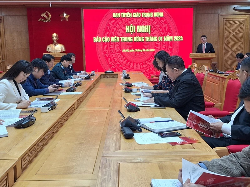 Quang cảnh hội nghị báo cáo viên Trung ương tại điểm cầu trụ sở Ban Tuyên giáo Trung ương.