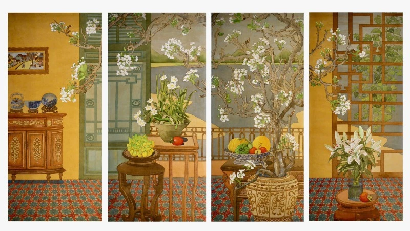 "Mùa Xuân chín" - một bộ tác phẩm nổi bật với chất liệu mầu nước trên lụa, kích thước 40x90cm mỗi bức của họa sĩ Vũ Thùy Mai.