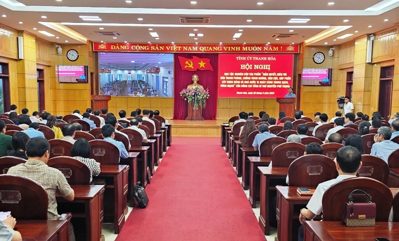 Quang cảnh buổi học tập tại điểm cầu Tỉnh ủy Thanh Hóa.