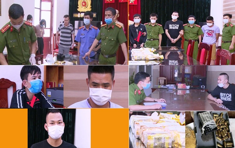 Các bị cáo (đánh dấu X) và hình ảnh công an bắt giữ, đấu tranh với tội phạm ma túy.