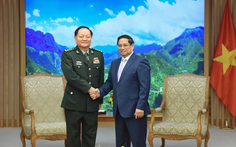 Thủ tướng Phạm Minh Chính và Thượng tướng Trương Hựu Hiệp, Ủy viên Bộ Chính trị, Phó Chủ tịch Quân ủy Trung ương Trung Quốc. (Ảnh: Trần Hải)