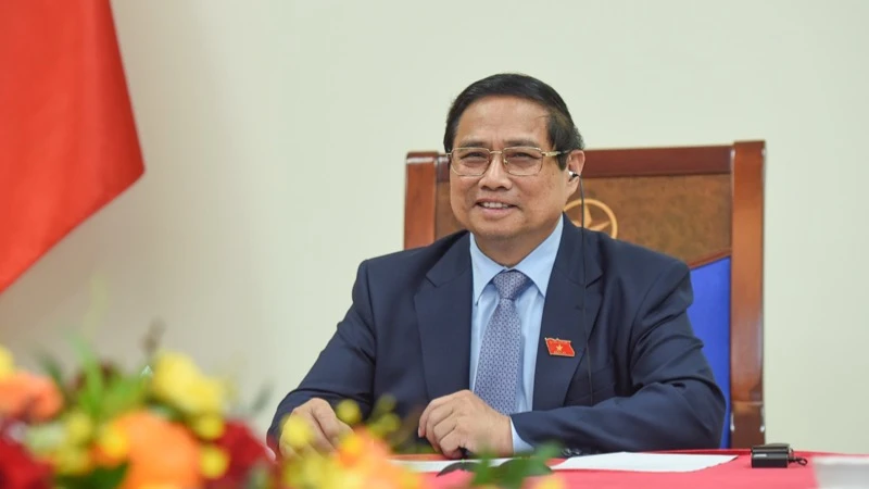 Thủ tướng Chính phủ Phạm Minh Chính phát biểu tại cuộc điện đàm với Thủ tướng Australia Anthony Albanese. (Ảnh: TRẦN HẢI). 