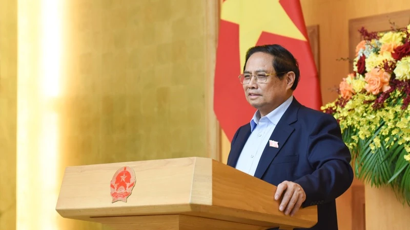 Thủ tướng Phạm Minh Chính phát biểu ý kiến tại cuộc làm việc. (Ảnh: TRẦN HẢI)