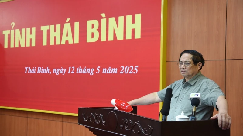 Thủ tướng Phạm Minh Chính phát biểu ý kiến tại cuộc làm việc với Ban Thường vụ Tỉnh ủy Thái Bình. (Ảnh: TRẦN HẢI)