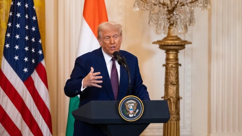 Tổng thống Mỹ Donald Trump dự họp báo tại Nhà Trắng ở Washington D.C. ngày 13/2/2025. (Ảnh: Tân Hoa xã)