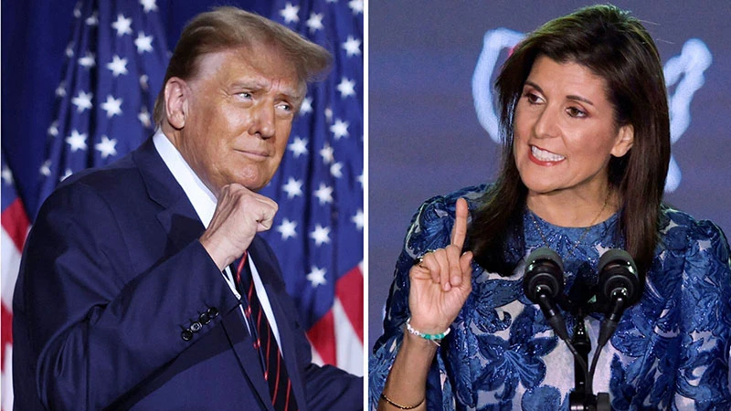 Cựu Đại sứ Mỹ tại Liên hợp quốc Nikki Haley và cựu Tổng thống D.Trump tranh cử tại New Hampshire.