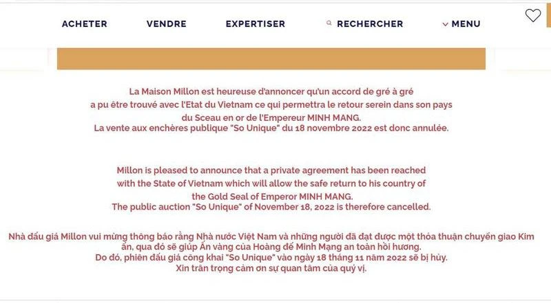 Thông báo của Hãng Millon trên trang web.