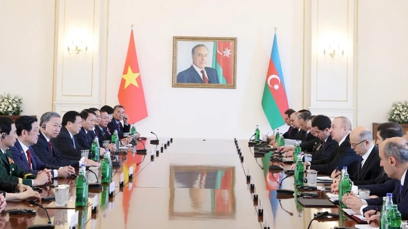 Tổng Bí thư Tô Lâm hội đàm với Tổng thống Azerbaijan Ilham Aliyev. (Ảnh: Thống Nhất/TTXVN)