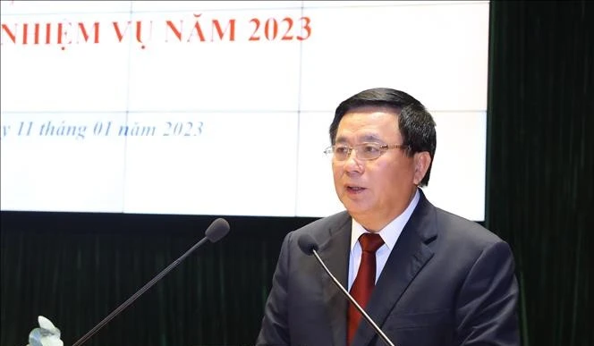 Đồng chí Nguyễn Xuân Thắng, Ủy viên Bộ Chính trị, Giám đốc Học viện Chính trị Quốc gia Hồ Chí Minh, Chủ tịch Hội đồng Lý luận Trung ương phát biểu tại Hội nghị.