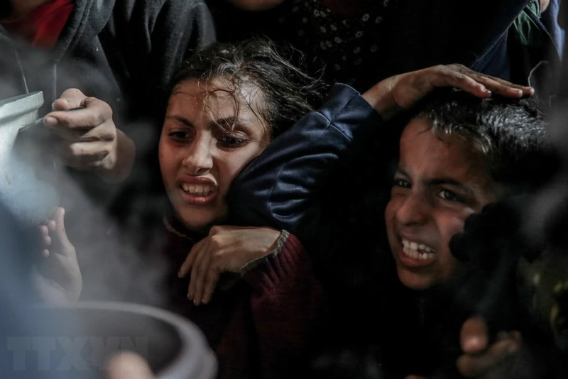 Trẻ em Palestine chờ nhận thực phẩm cứu trợ tại Beit Lahia, phía bắc Dải Gaza, ngày 26/2/2024. (Ảnh: AFP/TTXVN)