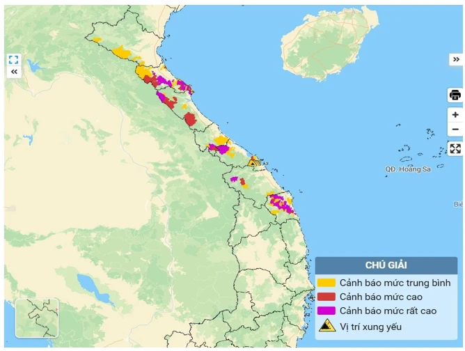 Bản đồ nguy cơ lũ quét, sạt lở đất đá trên các khu vực. (Ảnh: Trung tâm Dự báo khí tượng thủy văn quốc gia)