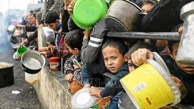 Người dân Palestine nhận thức ăn cứu trợ tại Dải Gaza. (Ảnh: TTXVN)